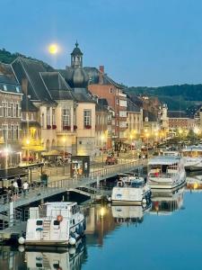 a group of boats docked in a marina at night at NOMAD APARTMENTS - Vue collégiale in Dinant