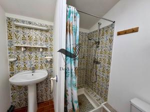 a bathroom with a shower and a sink at L'Océane - Maison au calme avec terrasse, centre de Bourg in Le Port-des-Barques