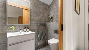 a bathroom with a toilet and a sink and a mirror at Applewood in Harome +23 photos