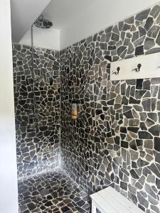 a bathroom with a shower with a stone wall at Views Spacious Villa in El Rincón