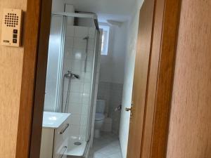 a bathroom with a shower and a toilet and a sink at La belle Époque in Tramelan +24 photos