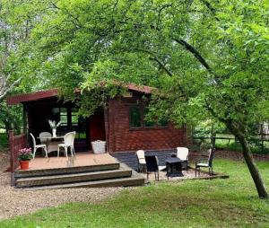 a cabin with a table and chairs in a yard at The Cabin at The Oaks in Fordingbridge
