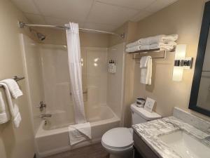 a bathroom with a shower and a toilet and a sink at Superior Stay Hotel in Marquette +66 photos