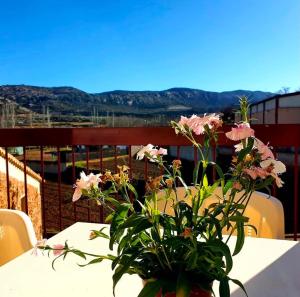 a vase of pink flowers sitting on a table at Hostal de Berge in Berge