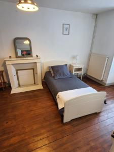 a bedroom with a bed with a fireplace and a mirror at Maison d'hôtes du Faubourg Charrault Saint Maixent L'Ecole in Saint-Maixent-lʼÉcole