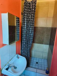 a bathroom with a sink and a shower curtain at 48 ON Lindi in Welkom