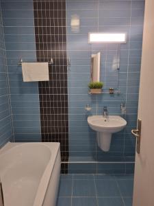 a blue tiled bathroom with a sink and a toilet at Hotel Darina Select in Târgu-Mureş