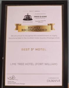 a framed picture of a sign for a hotel room at Lime Tree Hotel in Fort William