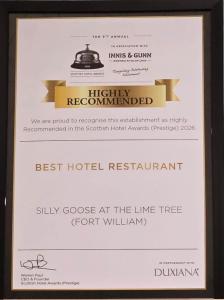 a framed picture of a sign for the best hotel restaurant at Lime Tree Hotel in Fort William
