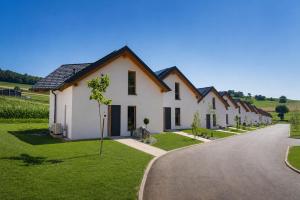 a row of houses on a road with green grass at Glamping resort Dolenjc in Novo Mesto