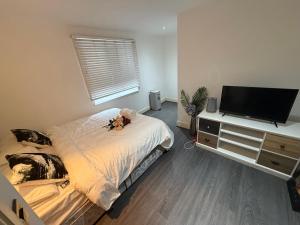 a bedroom with a bed and a flat screen tv at Echelon Executive suite 1 in Bradford