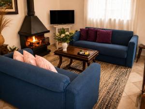 a living room with two blue couches and a fireplace at Fazenda Monte Verde a Morada do Muriqui in São Francisco Xavier
