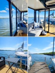 a collage of four pictures of a boat on the water at Mazurska Osada Just in Łupki