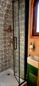 a shower with a glass door in a bathroom at Campo Gitano in Gaśno