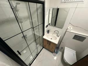 a bathroom with a shower and a sink and a toilet at Benan Apart Otel Didim in Didim +27 photos