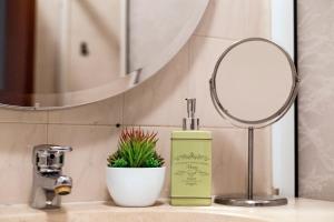 a bathroom sink with a bottle of soap and a mirror at WHome | Damasceno Large Apartment #39 in Lisbon