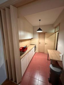 a kitchen with white cabinets and a red tile floor at Dada Lux in Kumanovo