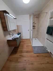 a bathroom with a shower and a sink at Freds Ferienwohnung in Kelheim +18 photos