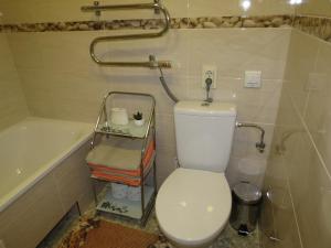 a bathroom with a toilet and a bath tub at Namelio-mini vilos nuoma in Palanga +3 photos