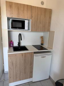a small kitchen with a sink and a microwave at Apartment - Beach - AC - Private parking in Saint-Cyprien-Plage