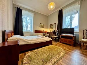 a bedroom with a bed and a television in it at Willa Róża Karkonoszy in Jelenia Góra
