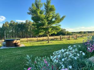 a park with a tree and flowers in the grass at Brzozowa Polanka II in Lipowiec Stary