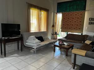 a living room with a couch and a television at Vicente Apartment in Skala Rachoniou