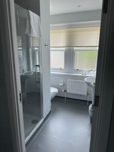 a bathroom with a shower and a toilet and a sink at Hinsley Hall in Leeds +38 photos