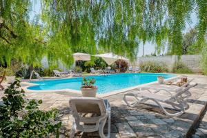 a swimming pool with two chairs and a tree overhead at Villa La Cucchiara in Santa Caterina di Nardò