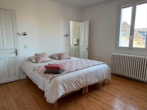 a white bedroom with a bed with two pillows at Spacious, bright and comfortable bedrooms in Lannemezan +43 photos