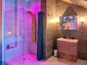 a bathroom with a glass shower and a sink at Suite avec Jacuzzi - Clim - Terrasse - Wi-Fi in Agde