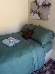 a bed with a green comforter in a bedroom at Residencial Beatriz centro in Formosa