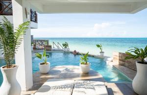 a pool with plants and the ocean in the background at ZAN Tropical Beach Adults Only in Dimbuni