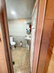 a bathroom with a toilet and a sink at Gomismta Sky House in Gomi +17 photos