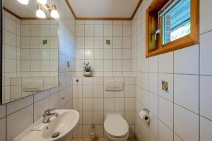 a bathroom with a sink and a toilet at Heideröschen Park Heideröschen 7 in Zingst +19 photos