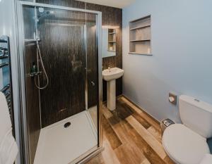 a bathroom with a shower and a toilet and a sink at The Otter Lodge in Broadford +36 photos