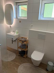 a bathroom with a toilet and a sink and a mirror at Modern Apartment 1 Graf - New! in Grafenwöhr +41 photos