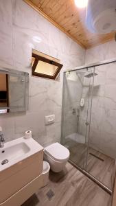 a bathroom with a shower and a toilet and a sink at - Cemi Rooms - River View & Traditional Restaurant in Tamarë +44 photos