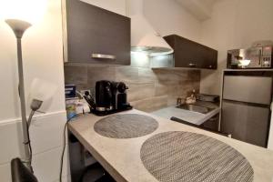 a kitchen with a counter with a sink and a refrigerator at Bright and quiet studio in Nice in Nice