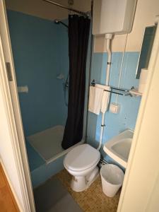 a small bathroom with a toilet and a sink at Hôtel café des cours in Cébazat