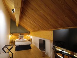 a room with a bed and a flat screen tv at Hôtel Mont Thabor Serre Chevalier in La Salle-les-Alpes