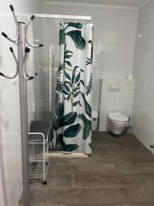 a bathroom with a shower curtain with a toilet at Villa Milovic, appartements les pieds dans l'eau! in Radovici +43 photos