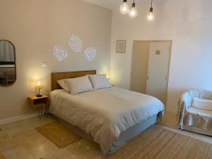 a bedroom with a bed and a mirror and a chair at Le mas de Marie in Taulignan +18 photos
