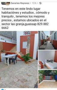 a collage of three pictures of a house with a table and a bench at Hogar flores in La Ceiba