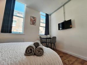 ein Schlafzimmer mit einem Bett und einem Fernseher an der Wand in der Unterkunft The Nest Lite in Sheffield