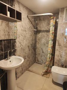 a bathroom with a shower and a sink and a toilet at Tut Hotel in Antalya +5 photos