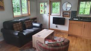 a living room with a leather couch and a tv at Loch Ness Studio Blairbeg in Drumnadrochit