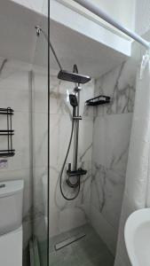 a bathroom with a shower and a toilet at Paralia Sea View Suites in Paralia Katerinis