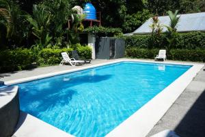 a large blue swimming pool with two chairs and a house at Iguana Villas in Puerto Viejo