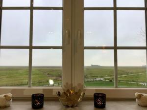 a room with three windows with a view of a field at HaRE Ferienwohnung twee in Langeneß